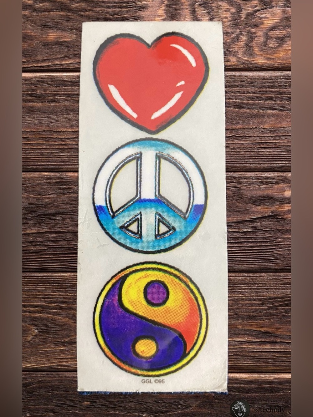 Vintage 1995 GGL 95 Prism Holographic Sticker Heart Peace Yin Yang Deadstock